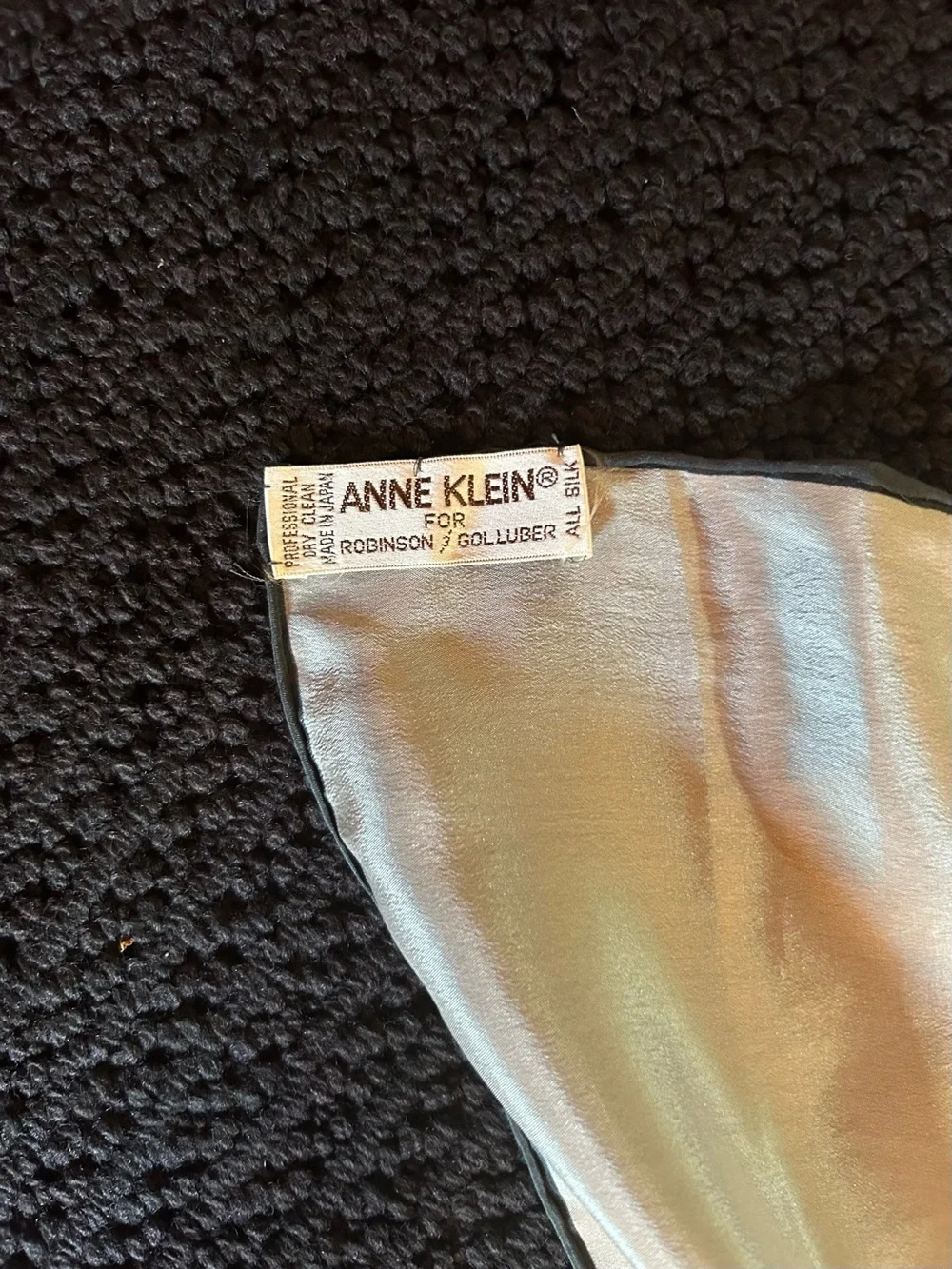 Vintage Anna Klein Light Silver Grey  Silk Scarf with Black Edge